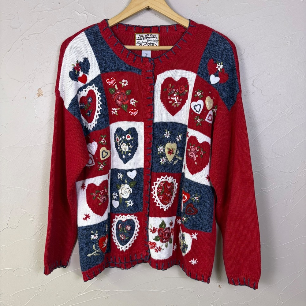 VTG Heirloom Collectibles Cardigan Sweater Women M Hearts Valentines Red Cottage